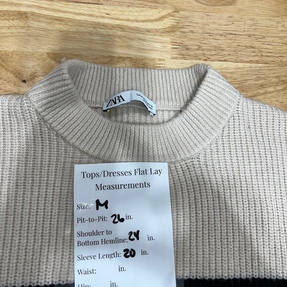 Zara Mock Neck Striped Oversized Rib-knit Sweater Women's M Cream Black - Picture 5 of 5